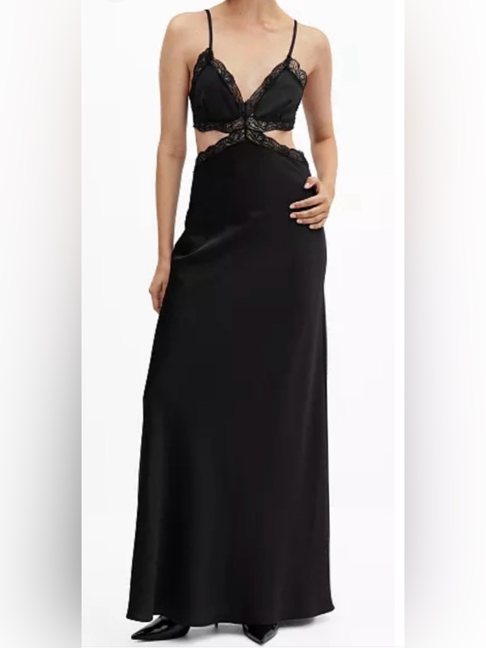MANGO Black Lace-Trim Cutout Maxi Slip Dress - XS